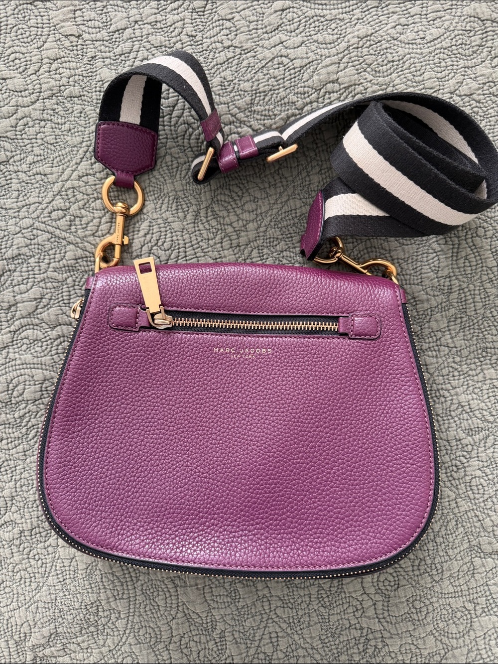Marc Jacobs Gothom Plum Pebbled Leather Crossbody with Striped Strap